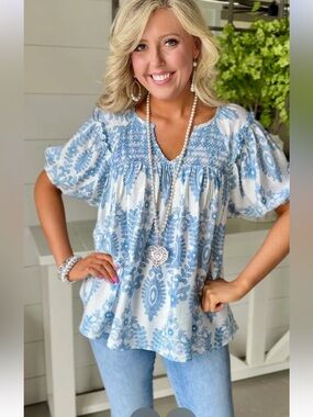 Women's Blue Printed Peasant Top